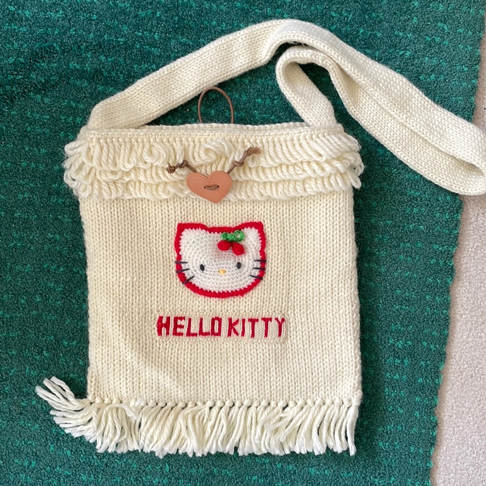 Vintage Sanrio Hello Kitty - Knit / crochet tassels cottage core cozy bag - 1998